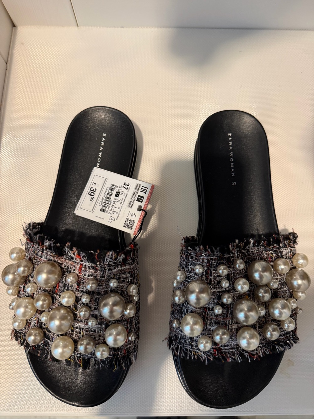 Zara Black Tweed Pearl Slide Sandals - Picture 2 of 5